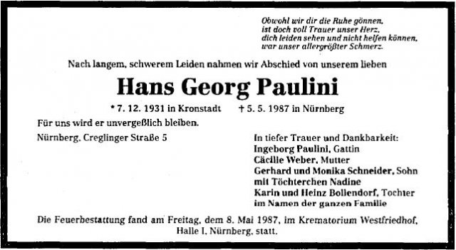 Paulini Hans Georg 1931-1987 Todesanzeige